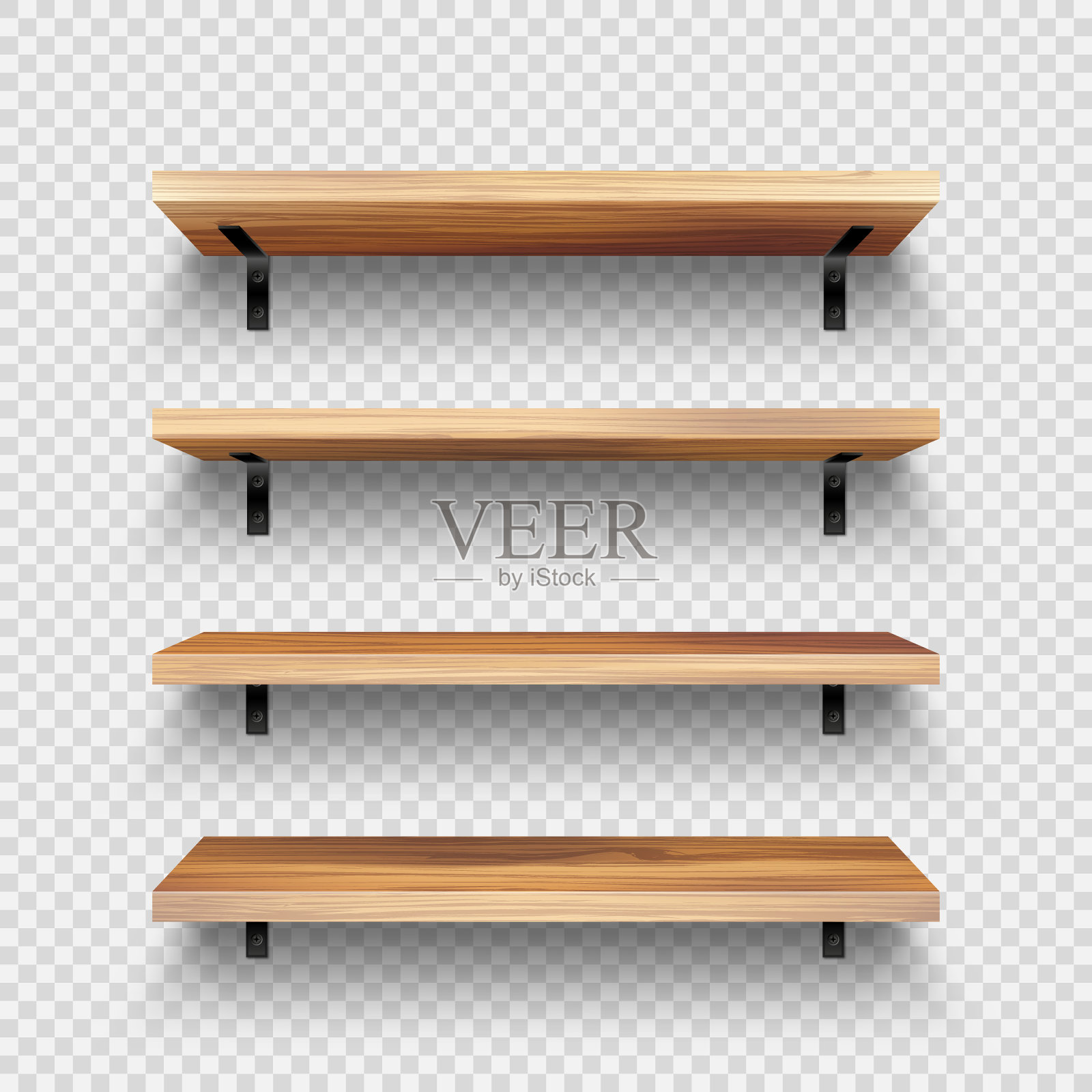 现实的空木商店货架设置。产品货架与木材纹理和黑色墙壁安装。杂货架。矢量图插画图片素材
