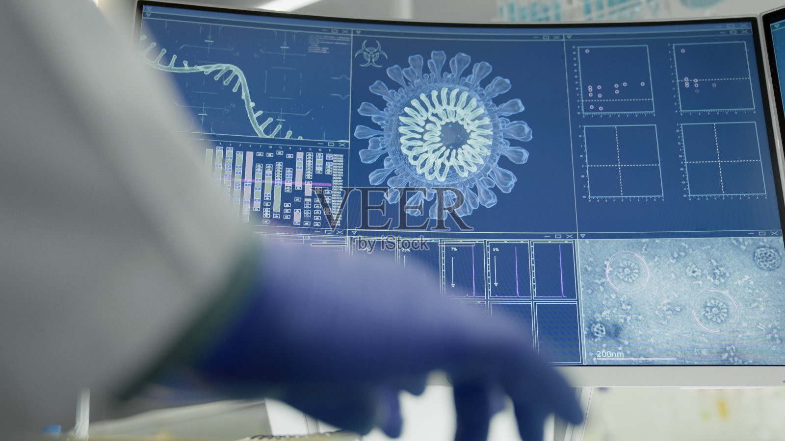 微生物学家研究冠状病毒样本。使用电脑和显微镜照片摄影图片