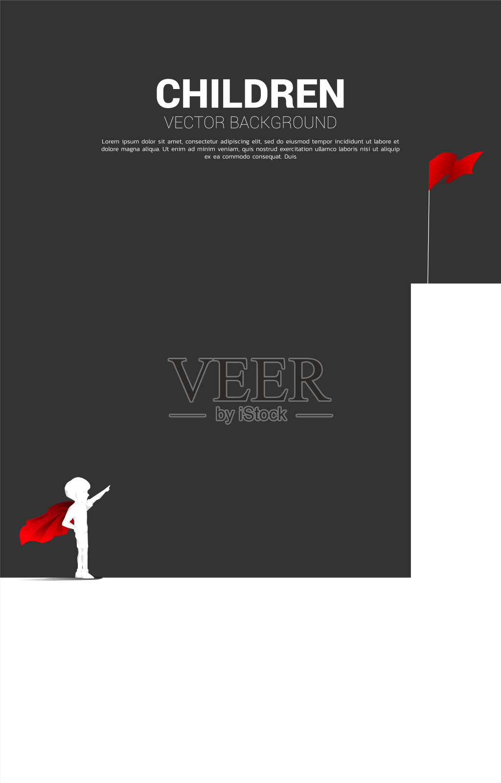 身穿超级英雄套装的男孩剪影指向顶层。插画图片素材