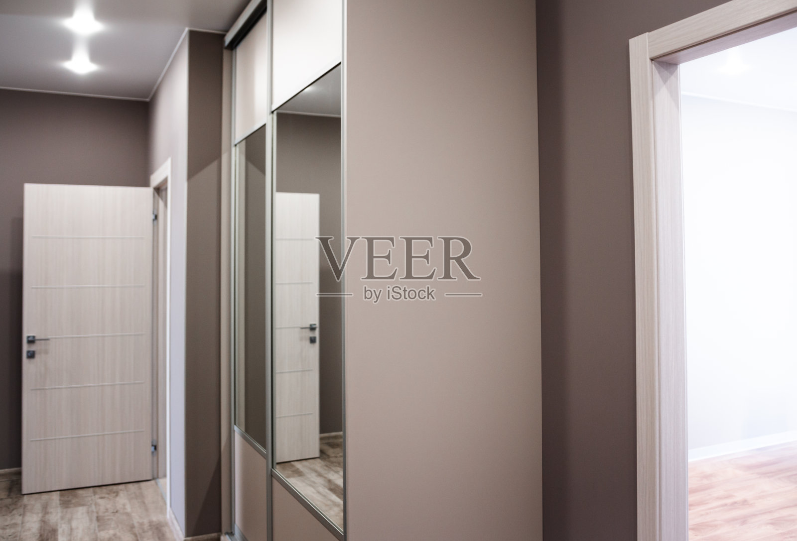 公寓宽敞的入口大厅设有内置衣柜和镜子照片摄影图片