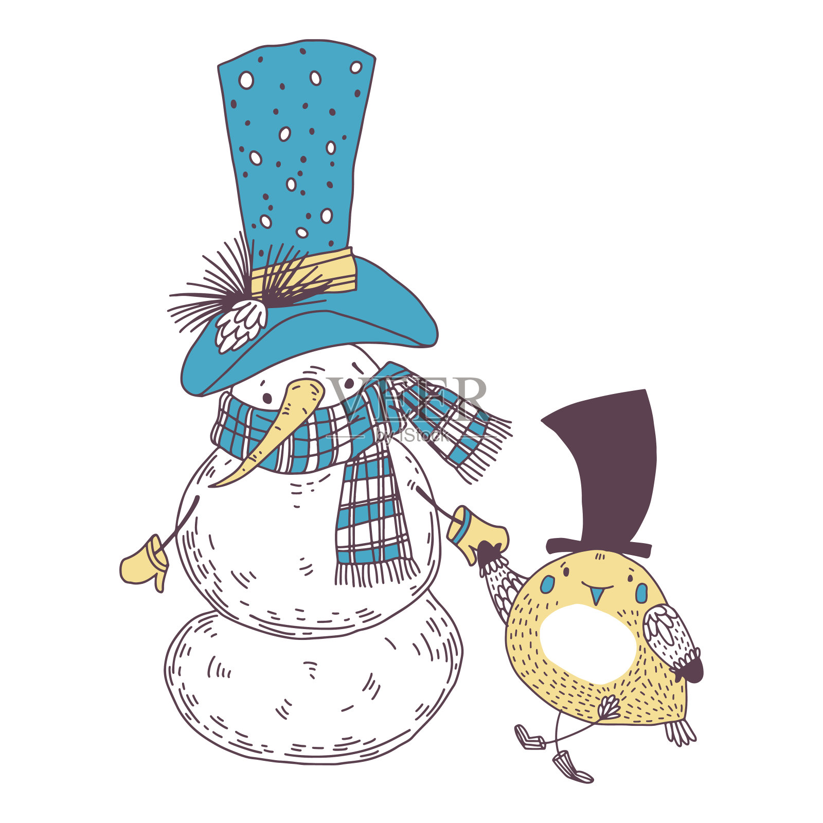 假日向量插图与卡通雪人和可爱的鸟在白色。完美的邀请，明信片，封面设计模板。插画图片素材