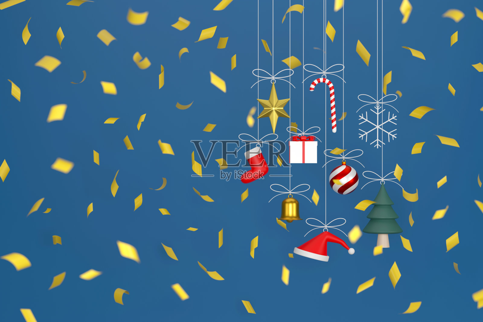 圣诞装饰挂在蓝色的背景和丝带上。照片摄影图片