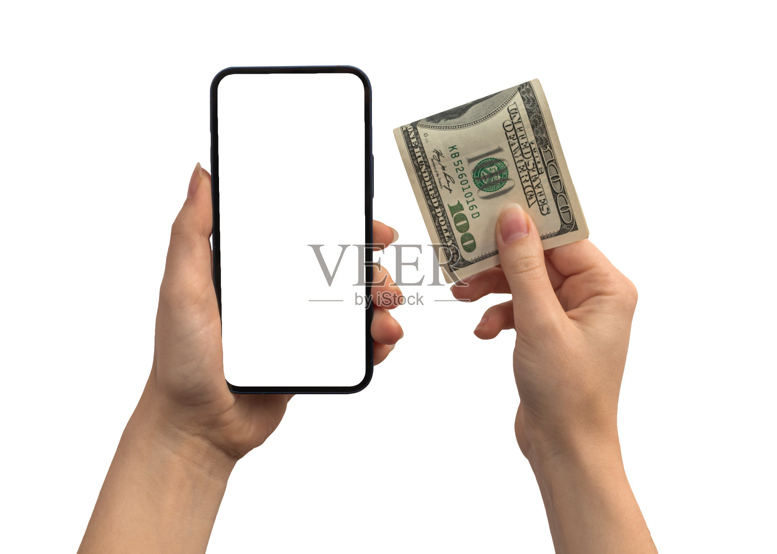 金融支付与美元货币和手机，空白白色屏幕模型，手与加密货币硬币隔离在白色背景照片照片摄影图片