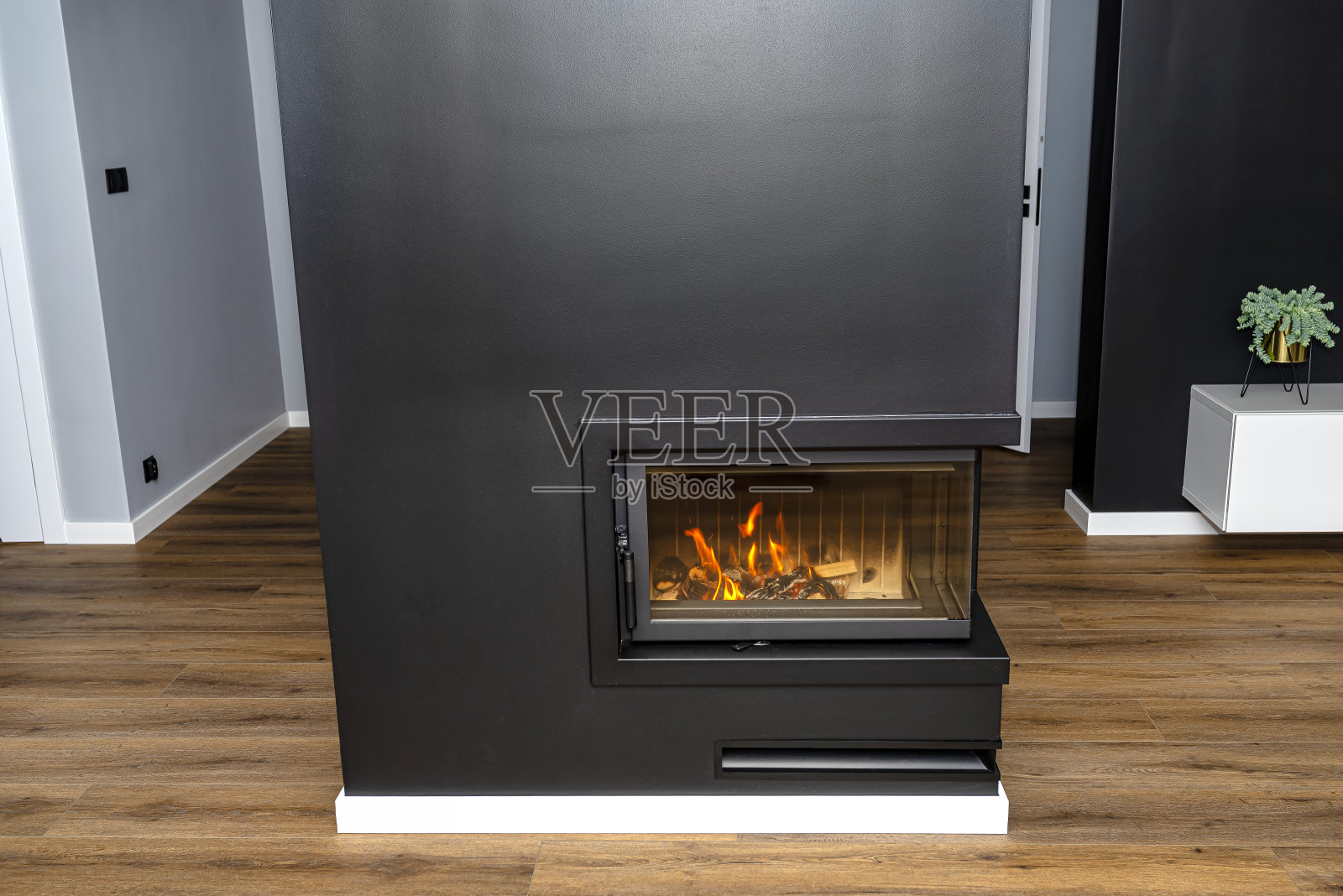 客厅里有一座现代化的壁炉，里面有一个封闭的燃烧室，漆成黑色，角落里有一块玻璃。照片摄影图片