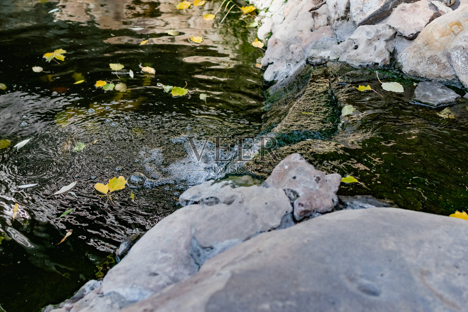 一个美丽的人工瀑布在一个平静的池塘，装饰着有趣的植物和不寻常的石头和装饰品，在公园里散步在新鲜的空气照片摄影图片