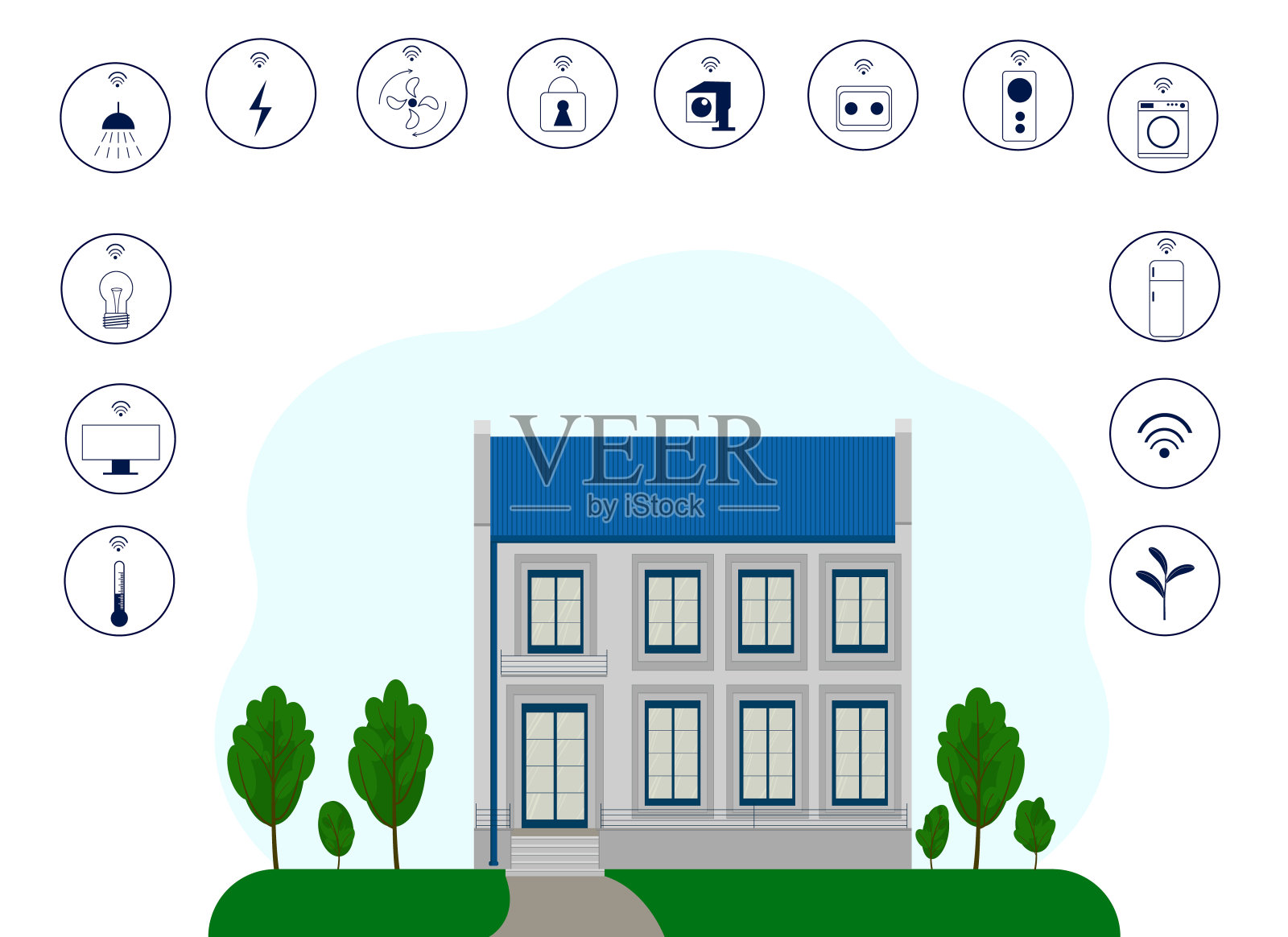 智能家居的概念。有窗户、门、屋顶和花园的大房子。大量的智能家居象形图图标素材