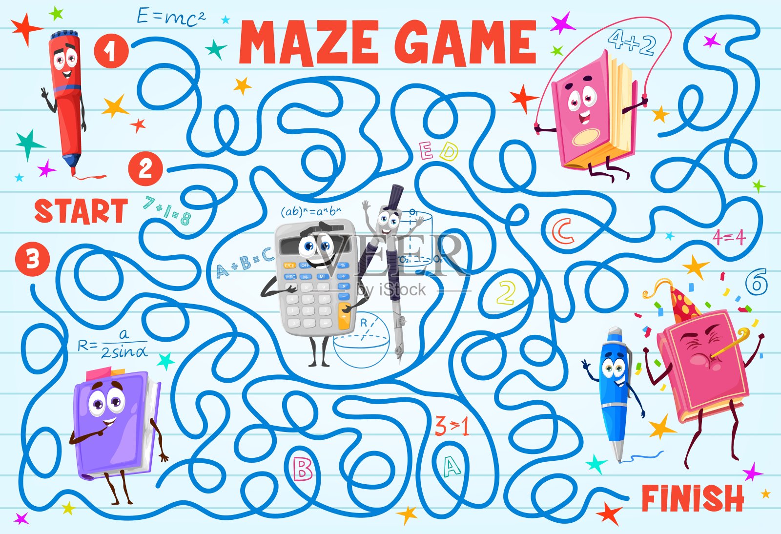 孩子迷宫与书，文具卡通人物插画图片素材