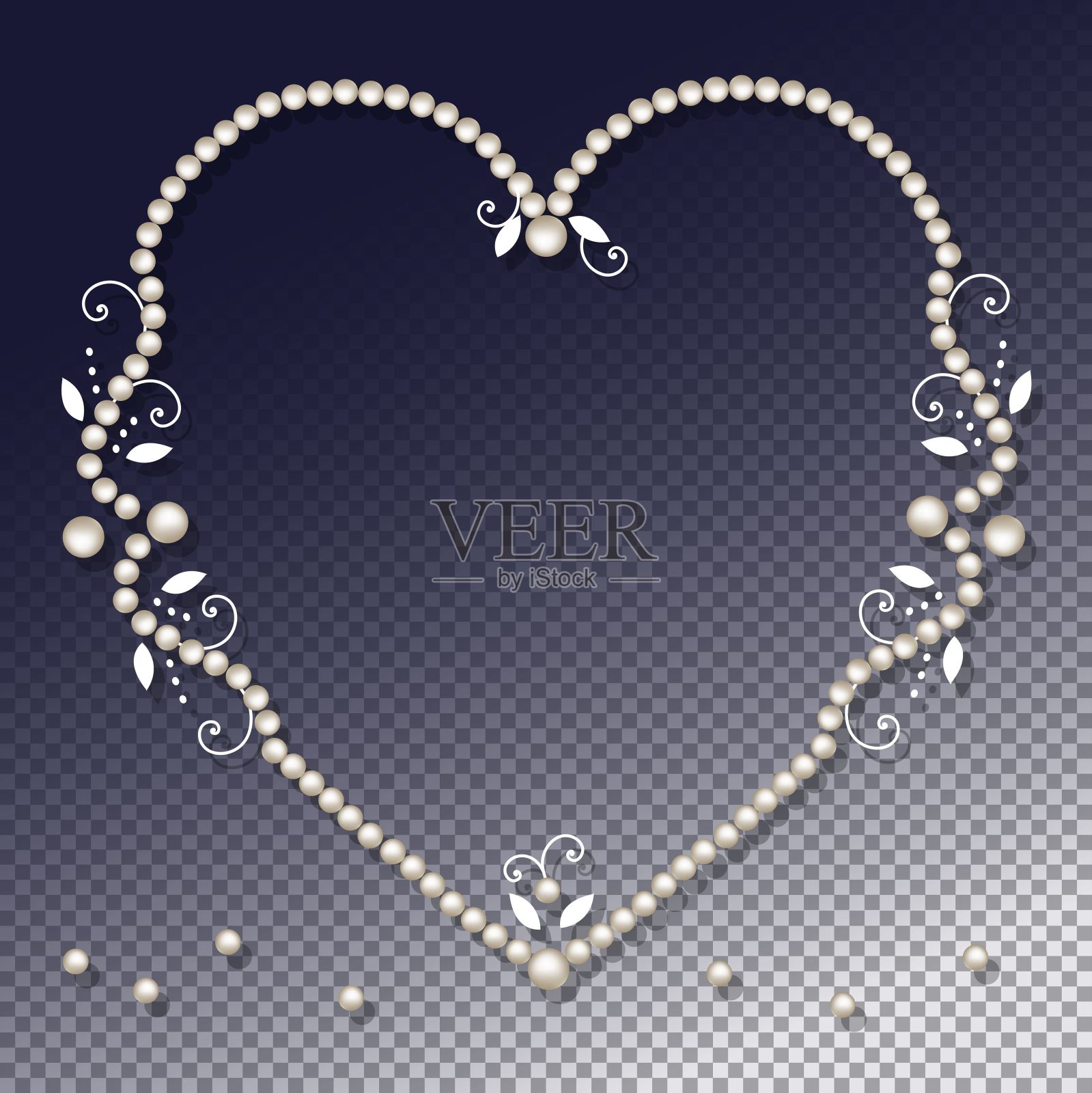 心形珍珠框架与装饰元素隔离在透明的背景插画图片素材