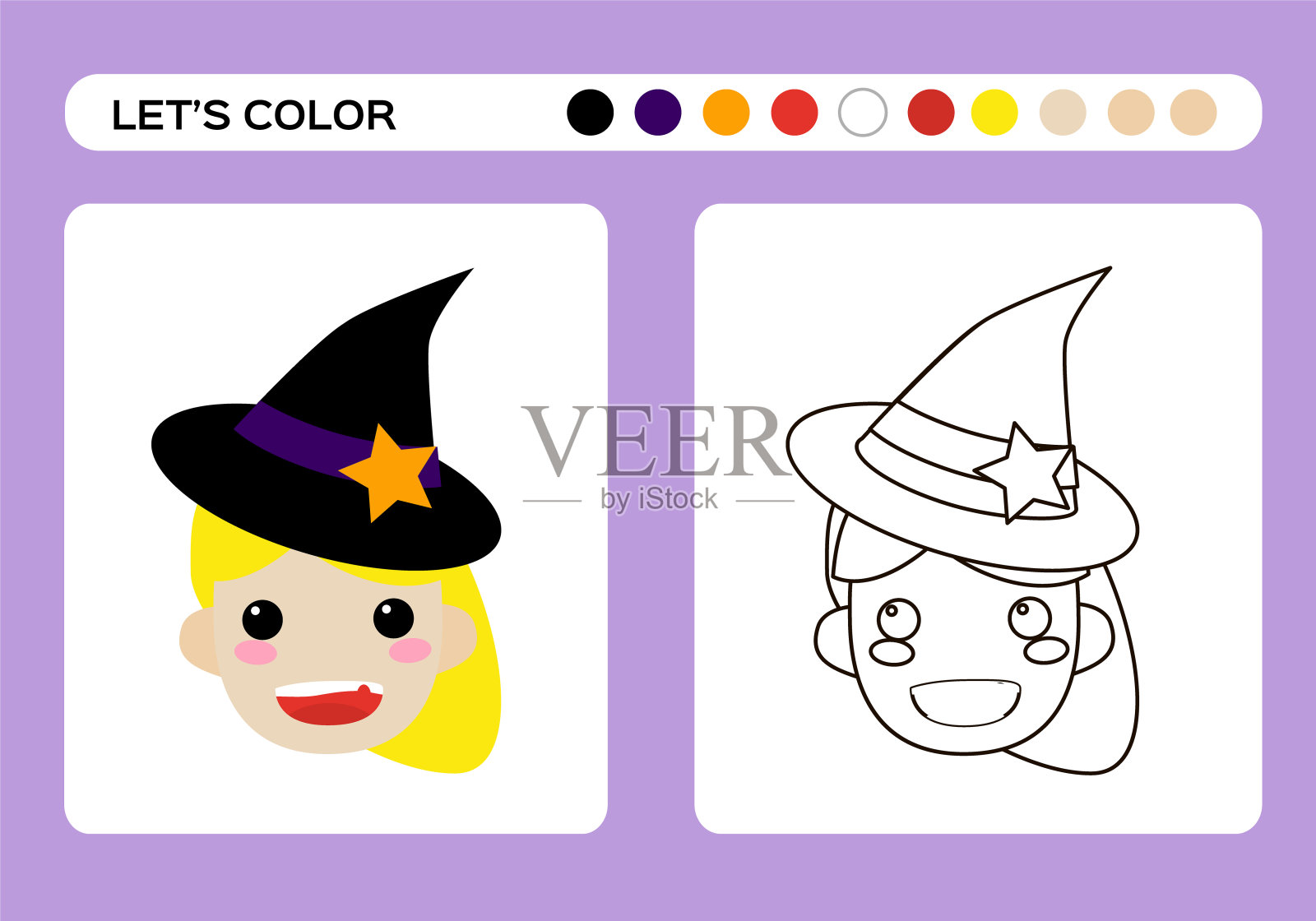 可爱的小女巫卡通彩色书。儿童涂色教育。万圣节快乐游戏。插画图片素材