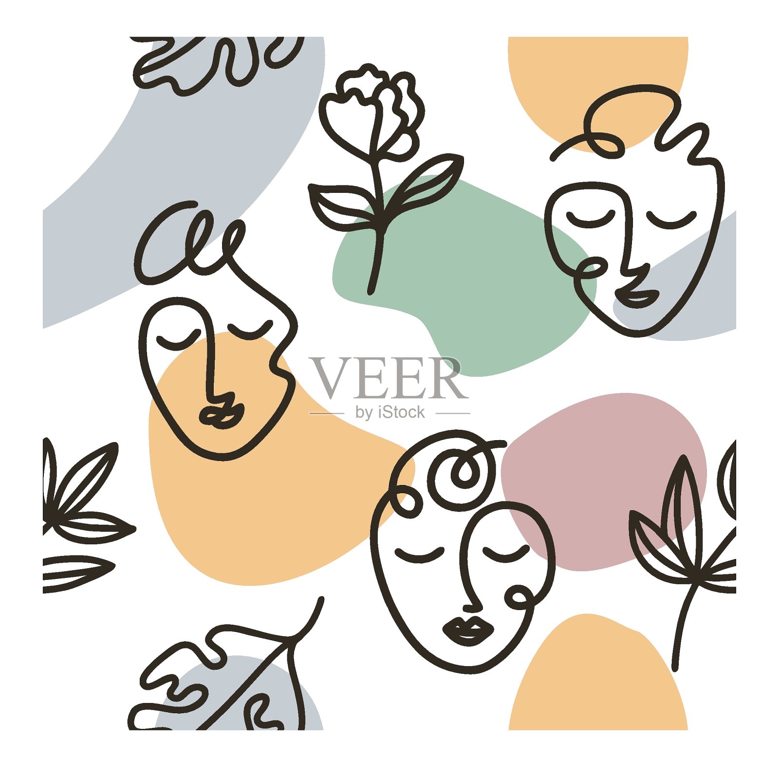 艺术线面无缝图案与彩色斑点。向量背景与女人和年轻漂亮的女孩。插画图片素材