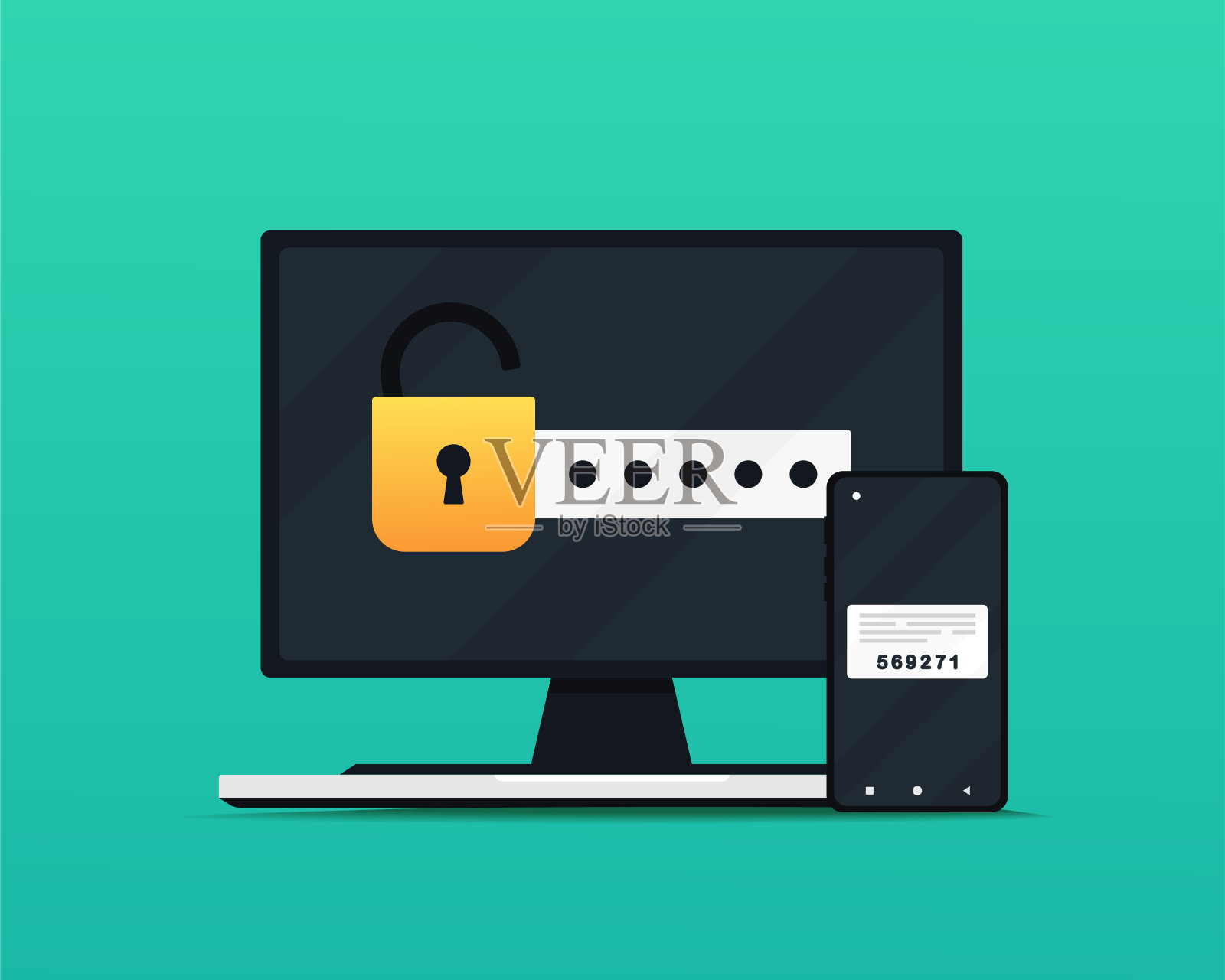 两步验证。密码授权。登录帐户。通过电脑和智能手机进行双重因素验证。插画图片素材