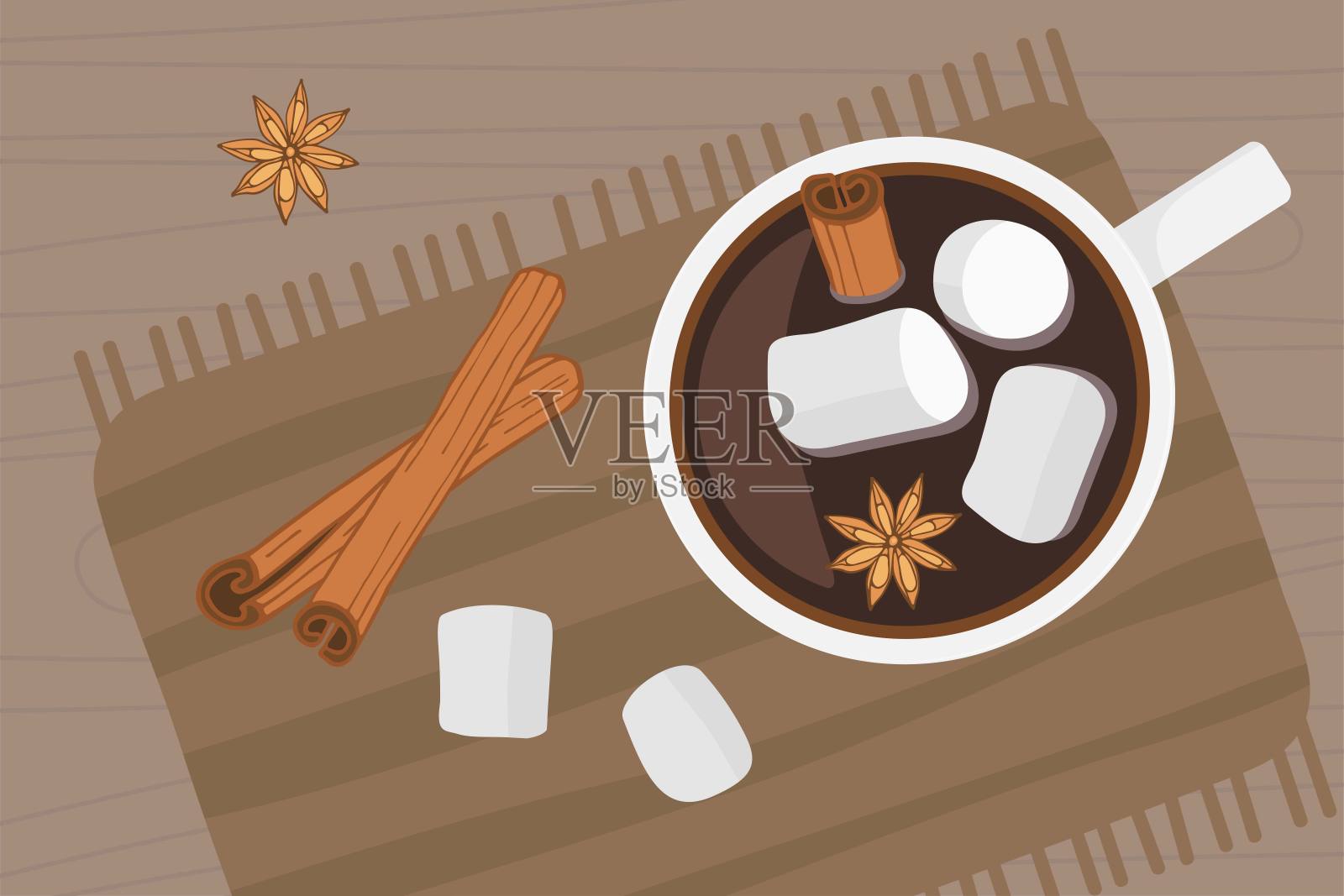 热饮料杯放在木桌上，浅棕色餐巾。热巧克力或咖啡与棉花糖，肉桂和茴芹。彩色矢量插图在平面风格。咖啡馆里桌子的俯视图插画图片素材