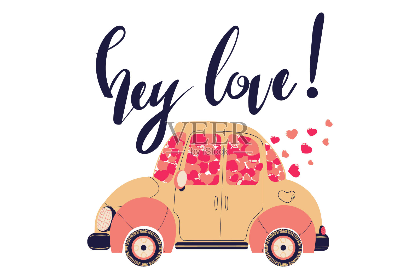 矢量手绘插图可爱的汽车与粉红色和红色的心和口号爱情人节a。彩色汽车与飞行的心剪辑艺术在平面设计，孤立在白色的背景。设计元素图片