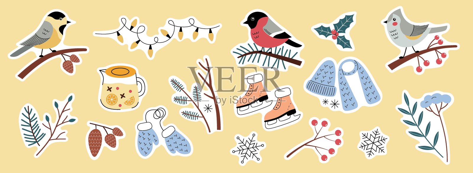 一套浪漫的现成贴纸。冬天舒适的元素。红腹灰雀，山雀，山雀。矢量插图在趋势平坦的风格。非常适合季节性产品插画图片素材