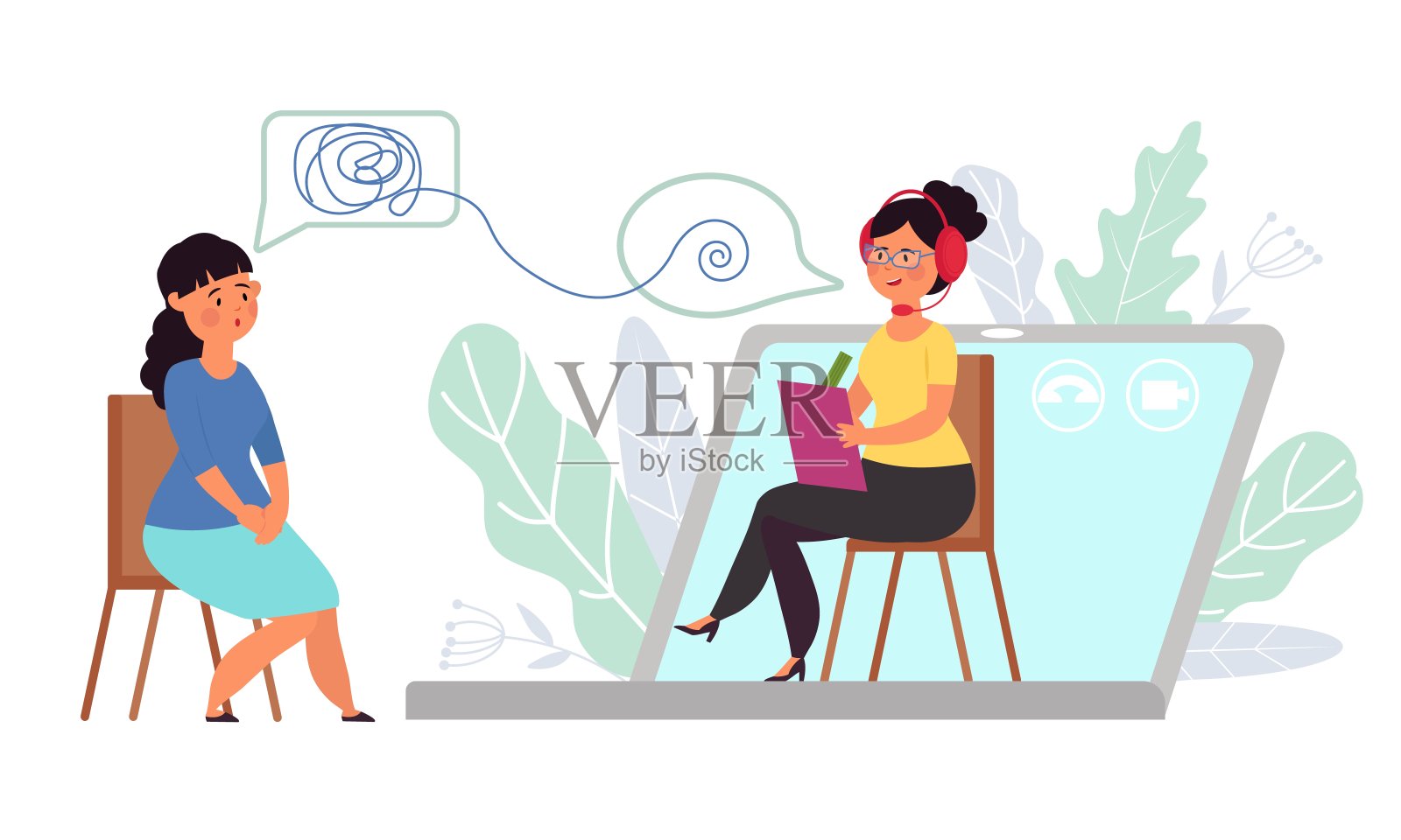 在线治疗师：互联网交流、心理咨询，远程医疗支持概念插画图片素材