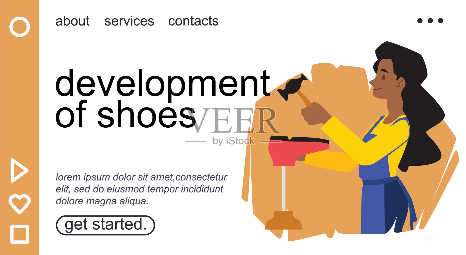 鞋类制造登陆页与妇女套底与锤-平面矢量插图。插画图片素材