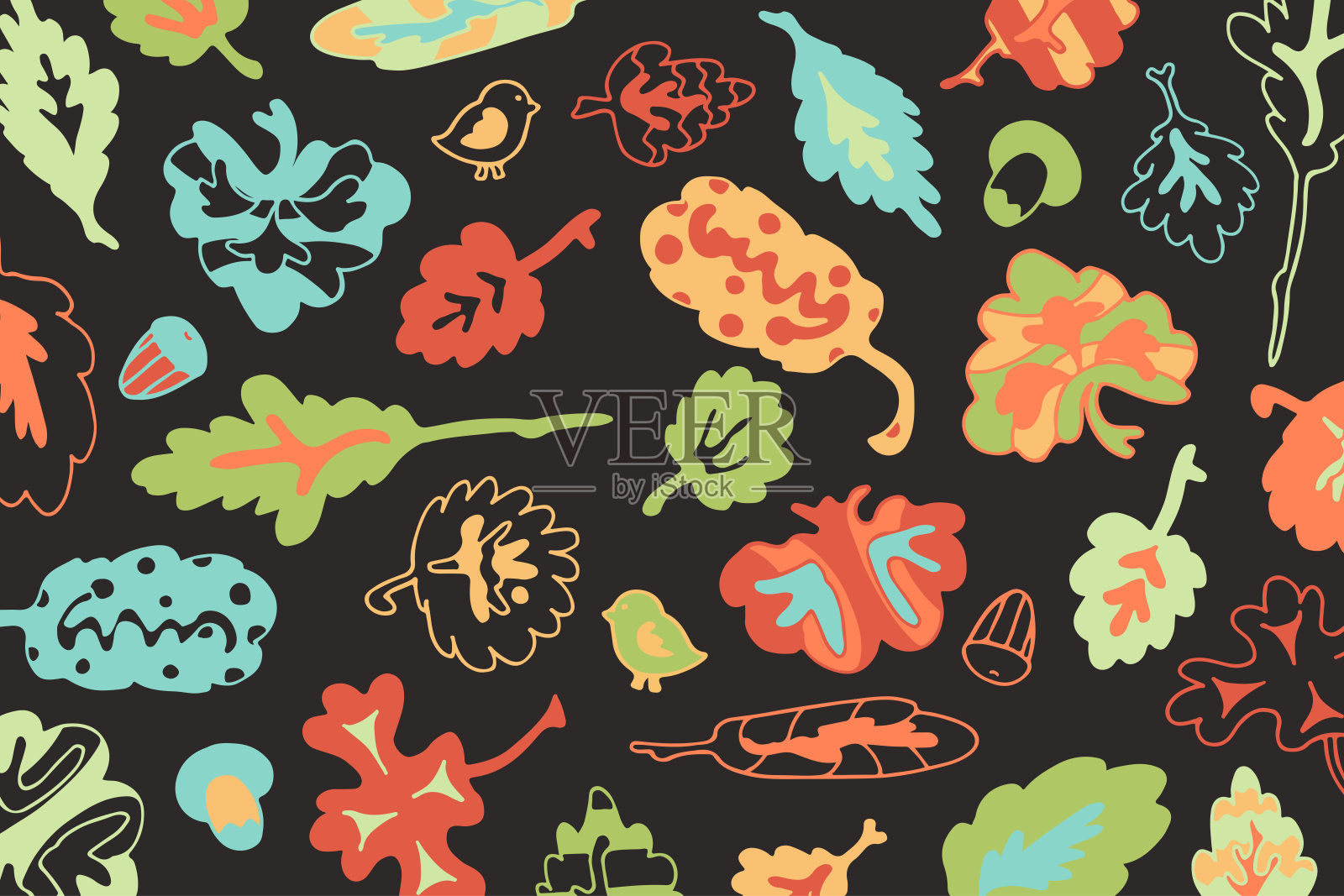 秋叶秋叶涂鸦背景。多彩绚丽的落叶。深棕色的地面。自然,生态友好。矢量插图。叶子印花图案的地毯。水平明信片，手绘背景。插画图片素材