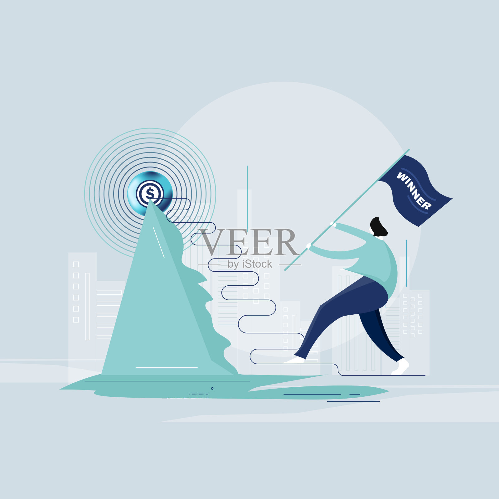 商业女性举起旗帜概念，目标成就说明插画图片素材