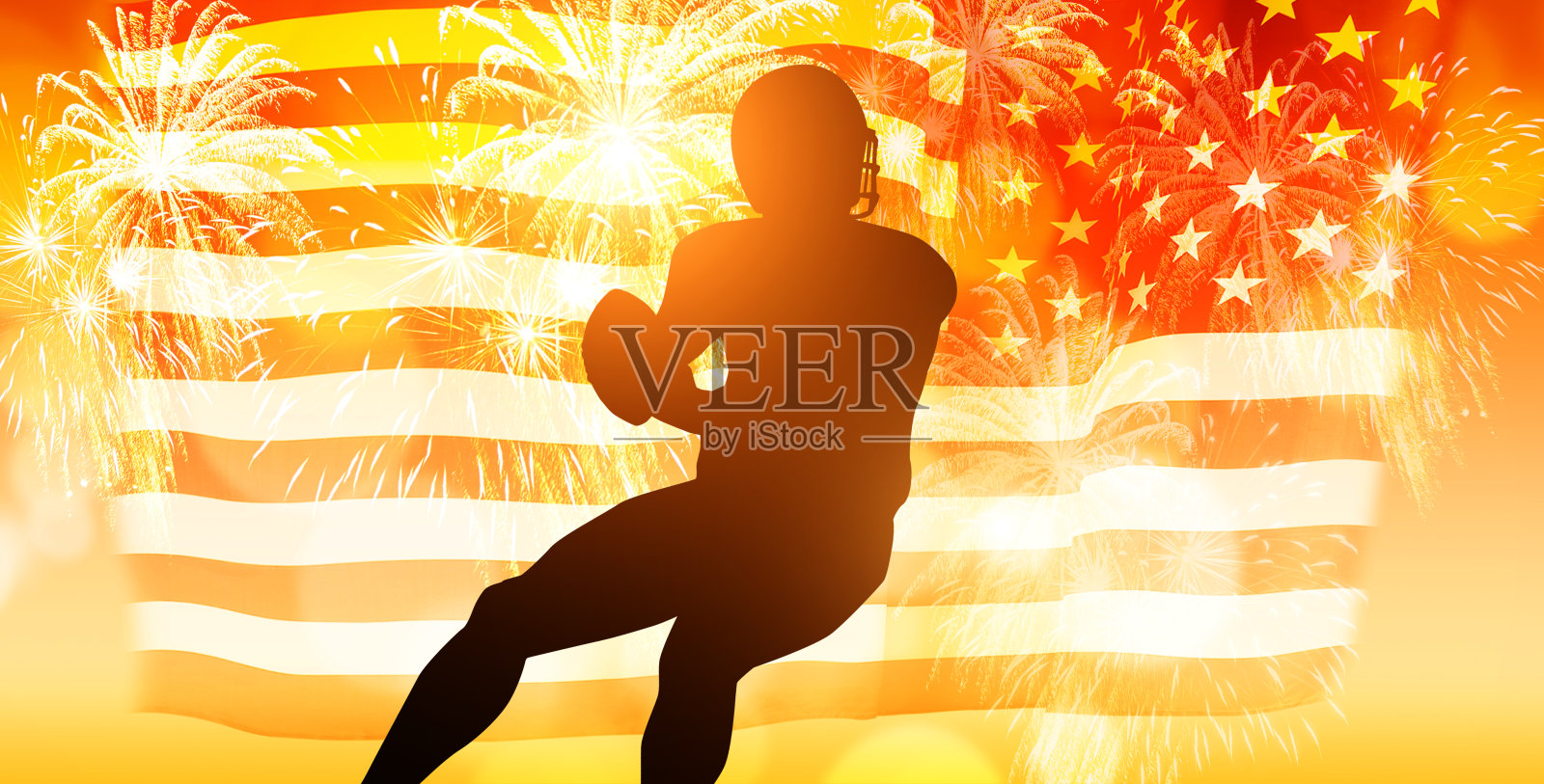 在美国国旗背景下的美式足球运动员。照片摄影图片