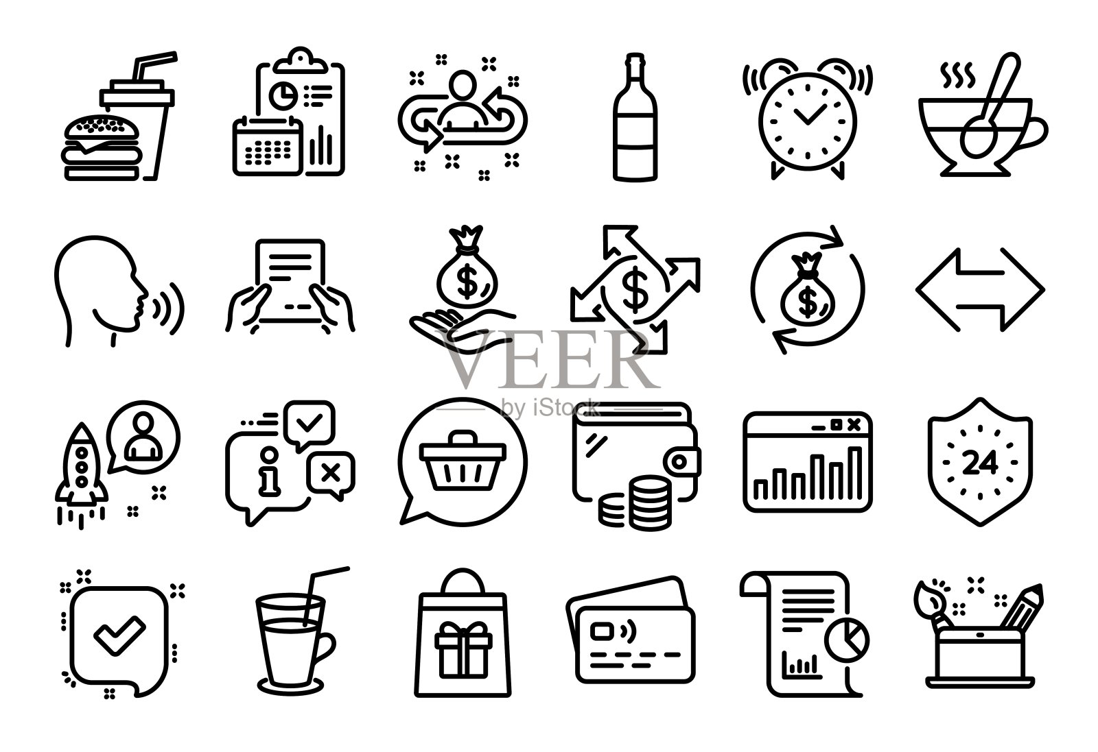 向量集合的报告，收入金钱和购物车线图标集合。向量图标素材