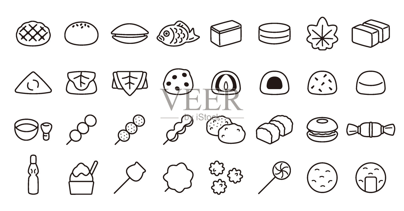 日本甜品和甜品图标套装(细线版)插画图片素材