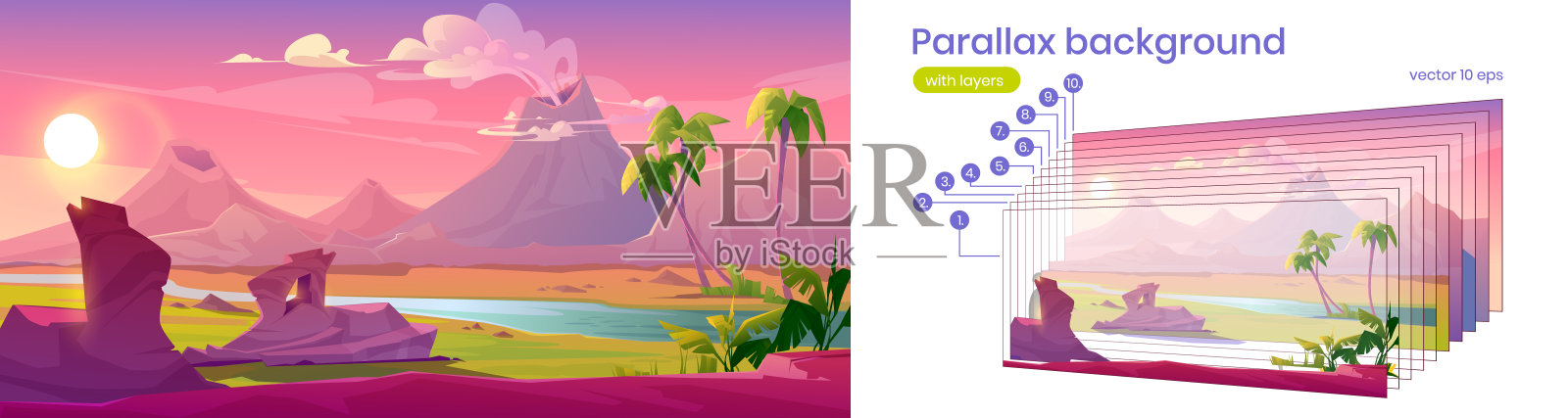 视差背景与景观火山插画图片素材