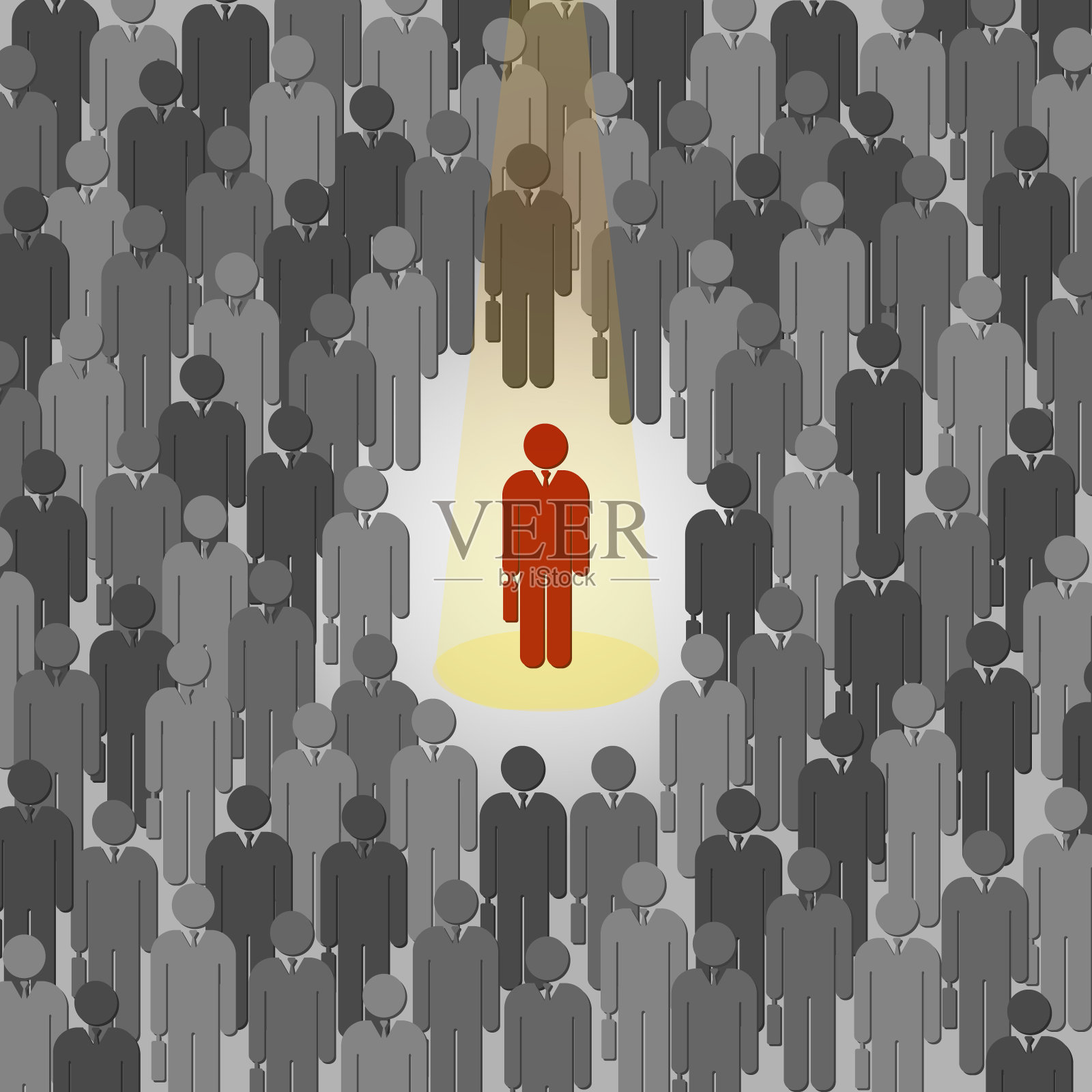 人群中独一无二的商人，人群中红色的人物。平面设计的插图插画图片素材