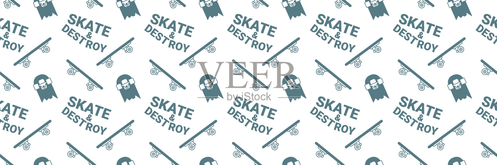 矢量插图与文字和破碎的滑板在白色背景。滑板无缝模式与卡通滑板。行艺术风格插画图片素材