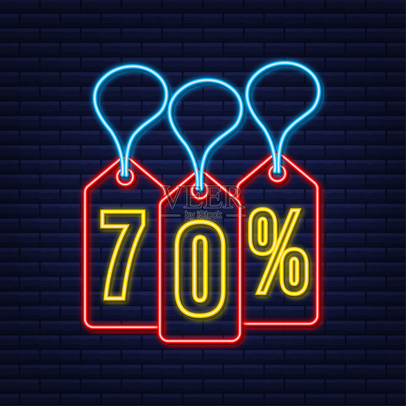 七折折扣霓虹灯标签。折扣报价标签。七折促销平面图标与长影子。设计元素图片