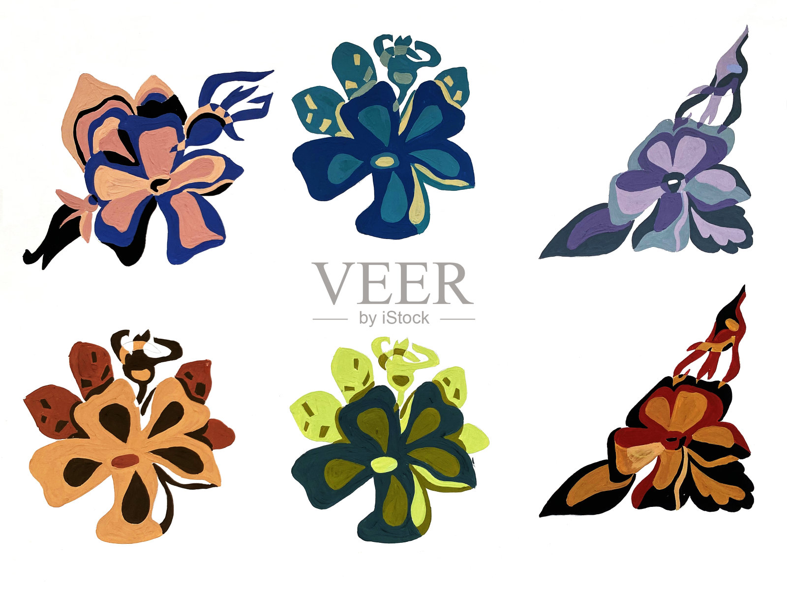 一套彩色抽象花画水粉画插画图片素材