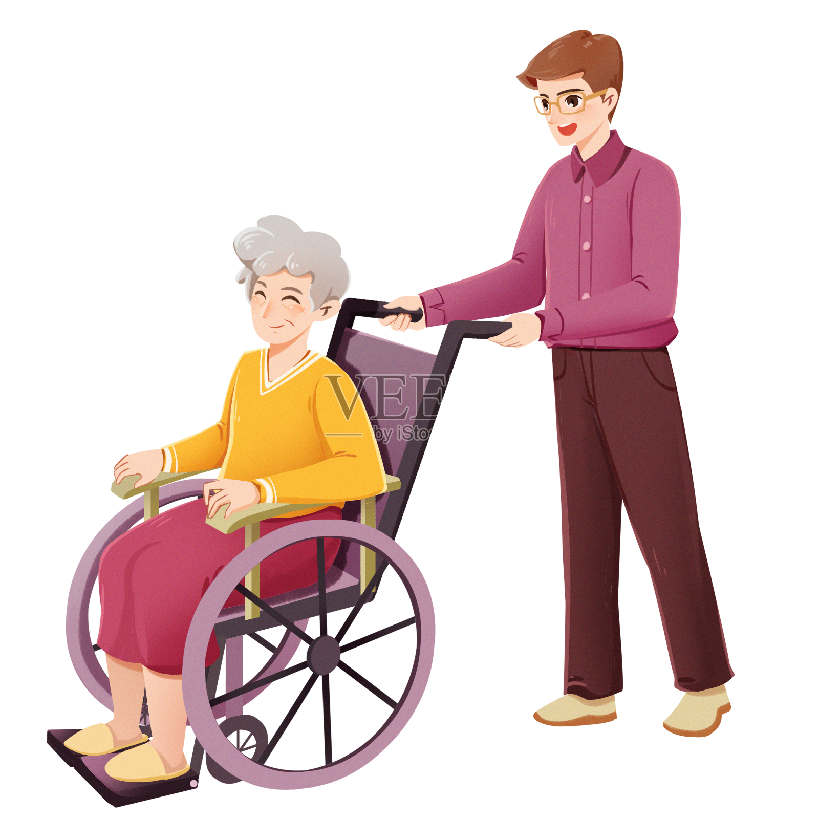 重阳节儿子给老人推轮椅PNG素材设计元素图片