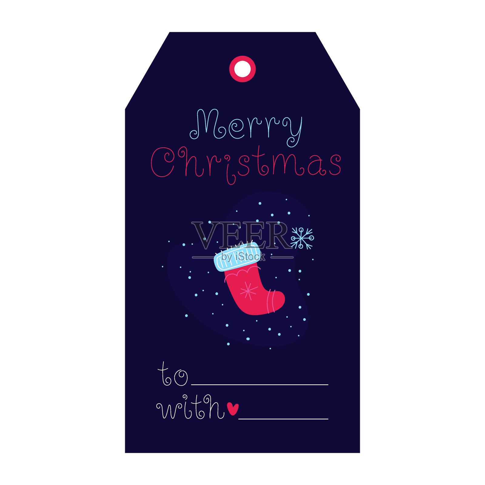 圣诞袜雪景深蓝色背景，新年礼品标签矢量插画图片素材