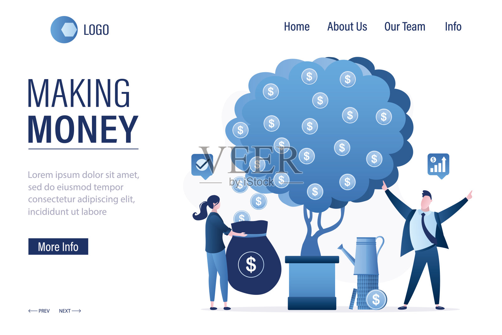 赚钱，登陆页面模板。快乐的商人发展成功的企业，赚取利润。巨大的摇钱树。插画图片素材