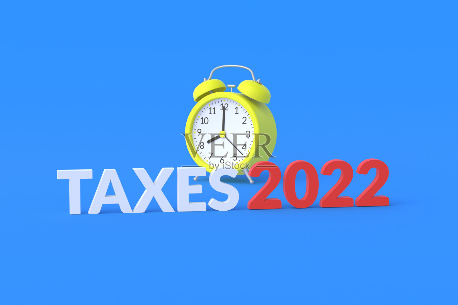 单词税2022附近闹钟在蓝色背景。纳税的概念。付款时间。报告期内。最后期限。年度收入。三维渲染照片摄影图片