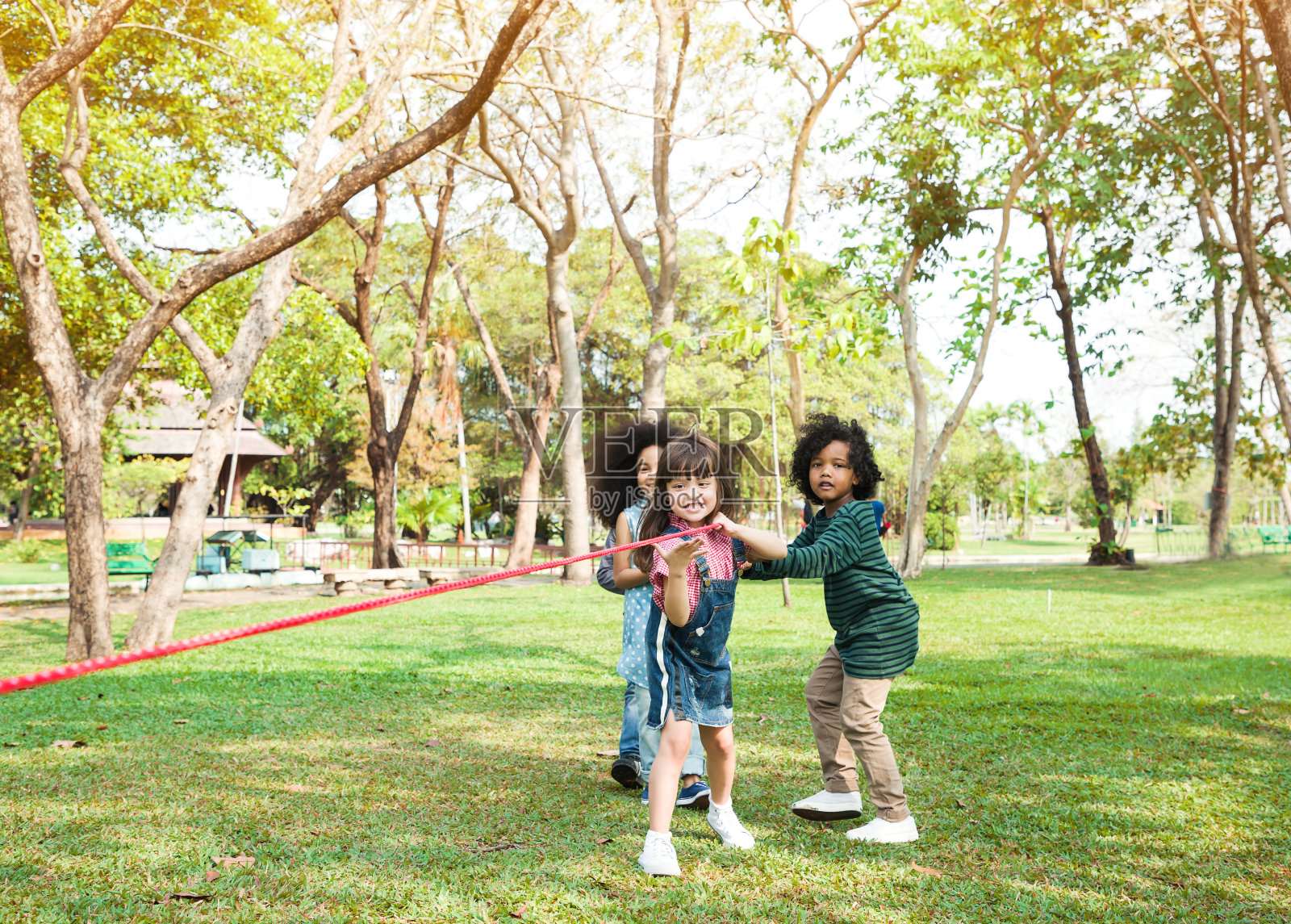 一群快乐的孩子在城市公园的草地上玩拔河照片摄影图片