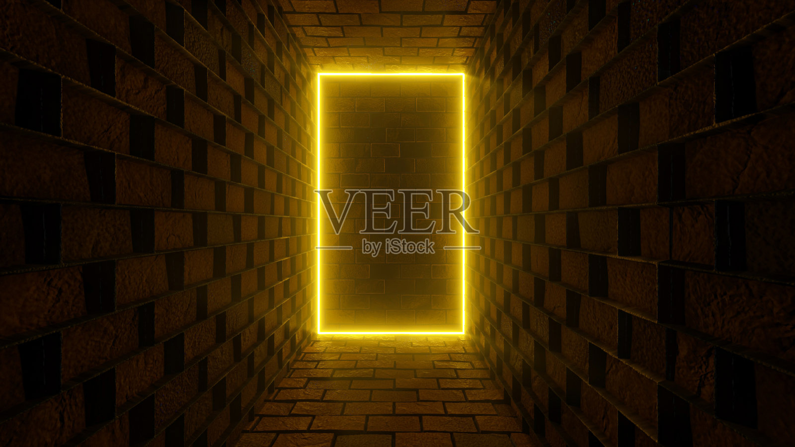 未来的黄色霓虹灯门黑暗的背景- 3D插图照片摄影图片