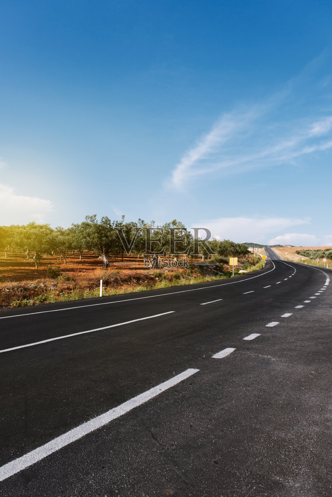弯曲的乡村道路背景日光。照片摄影图片