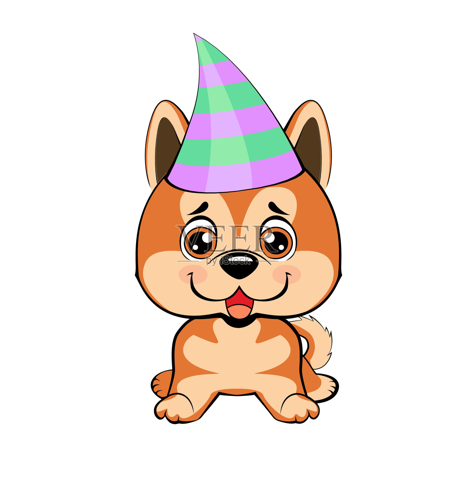 节日的海报。戴着派对帽的小狗。矢量插图。坐秋田犬插图。插画图片素材