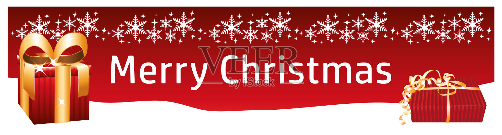 圣诞快乐。白色和红色的旗帜与礼物和雪花。矢量插图。设计模板素材