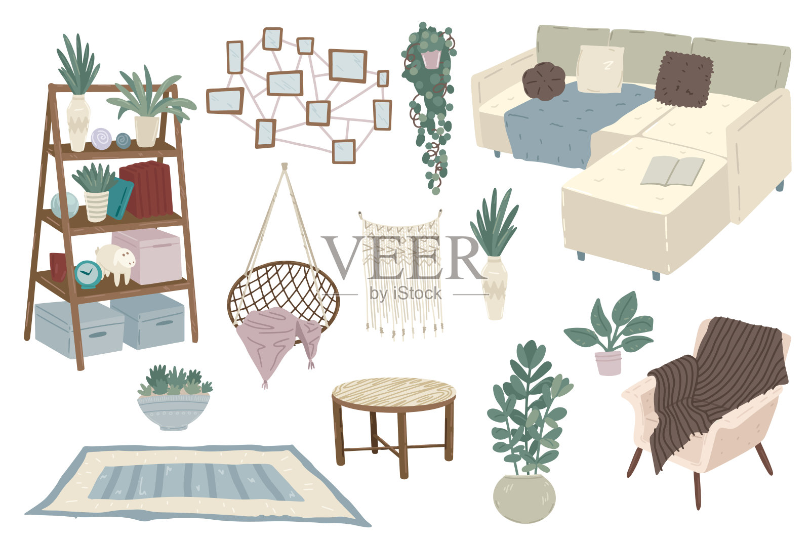 舒适的家具在客厅的斯堪的纳维亚风格。矢量图插画图片素材