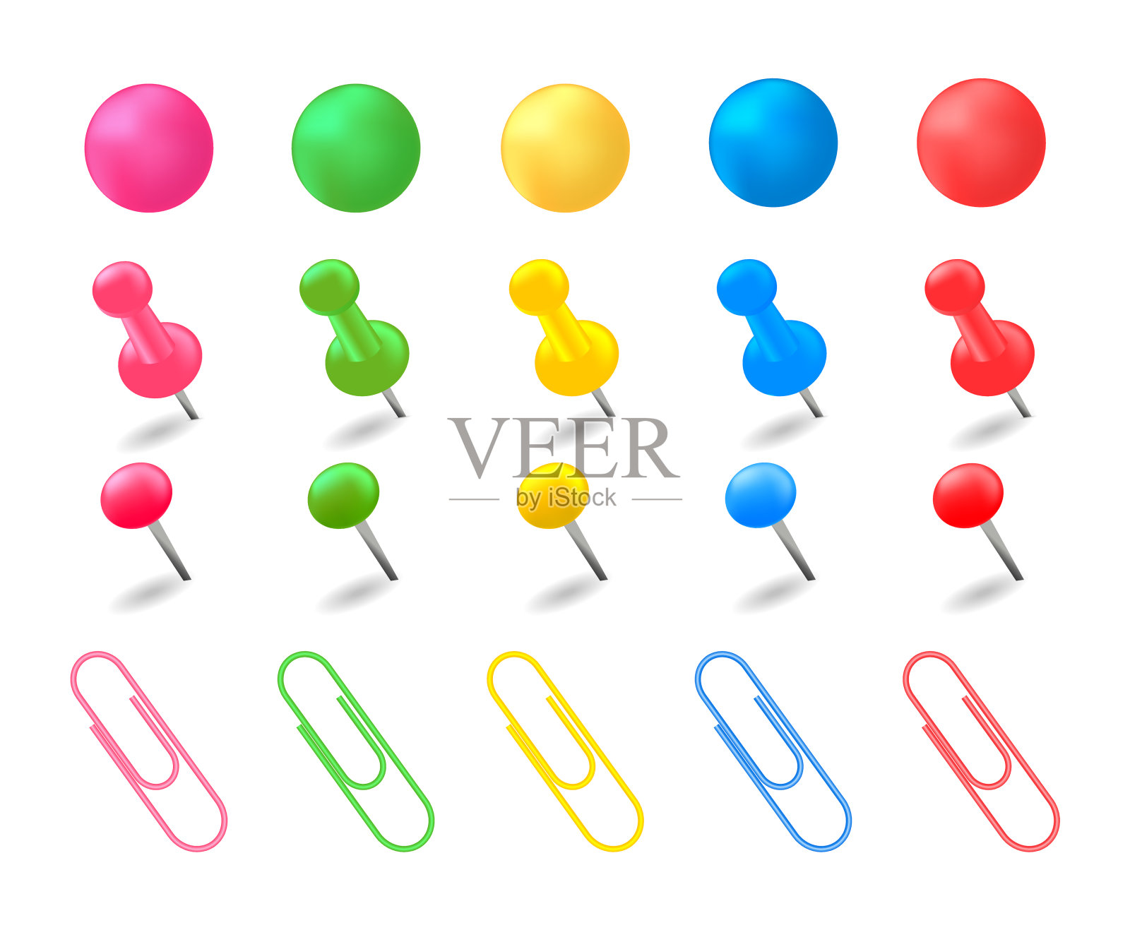 套针。图钉、回形针、针和大头针。办公室图钉彩色。标记的配件。向量插画图片素材