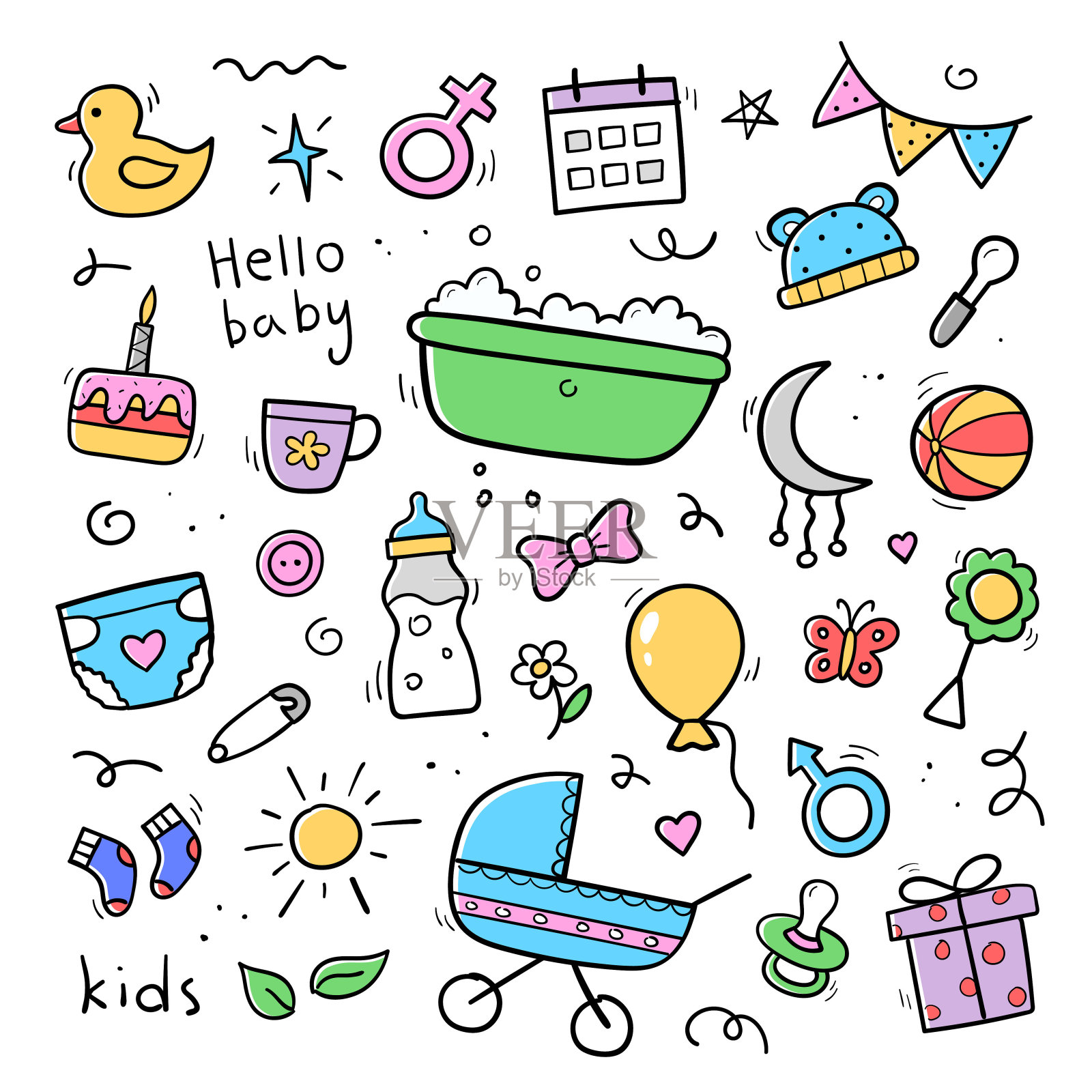 手绘集婴儿和新生儿的彩色涂鸦。素描风格。婴儿车，尿布，奶嘴，玩具，奶瓶，礼物。矢量插图。插画图片素材