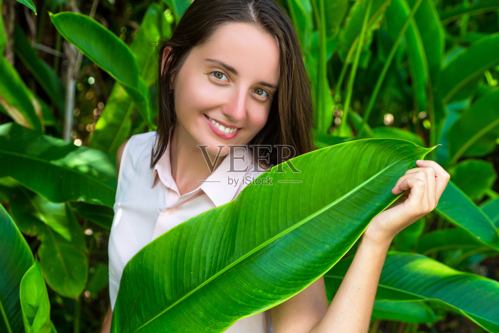 女人和大的热带树叶照片摄影图片