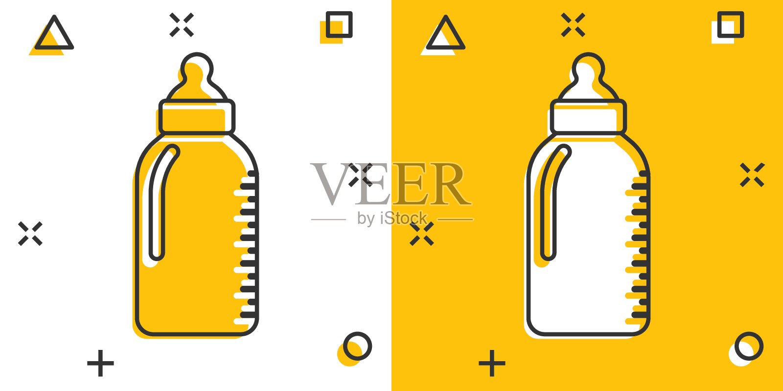 婴儿奶瓶图标漫画风格。牛奶容器卡通矢量插图在白色孤立的背景。饮玻璃飞溅效果的经营理念。插画图片素材