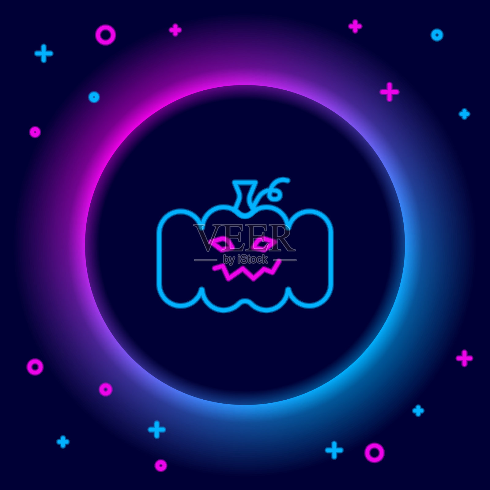 发光的霓虹灯线南瓜图标孤立在黑色插画图片素材