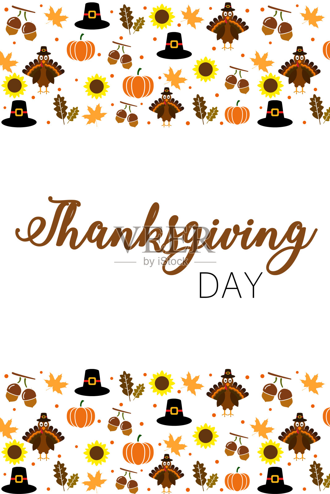 白色背景的秋季感恩节快乐海报。感恩节贺卡有框架帽子，火鸡，树叶，枫树，向日葵，南瓜设计模板素材