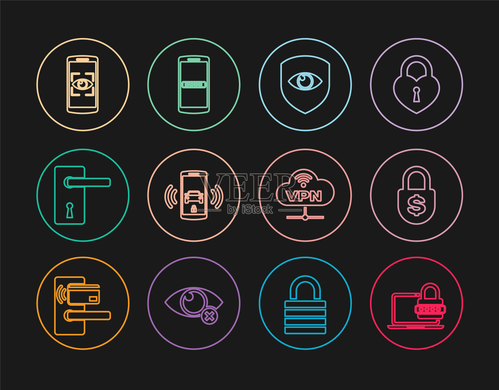 设置line笔记本电脑密码，金钱锁，盾牌和眼睛，智能汽车报警系统，门把手，移动扫描，VPN网络云连接和图标。向量图标素材