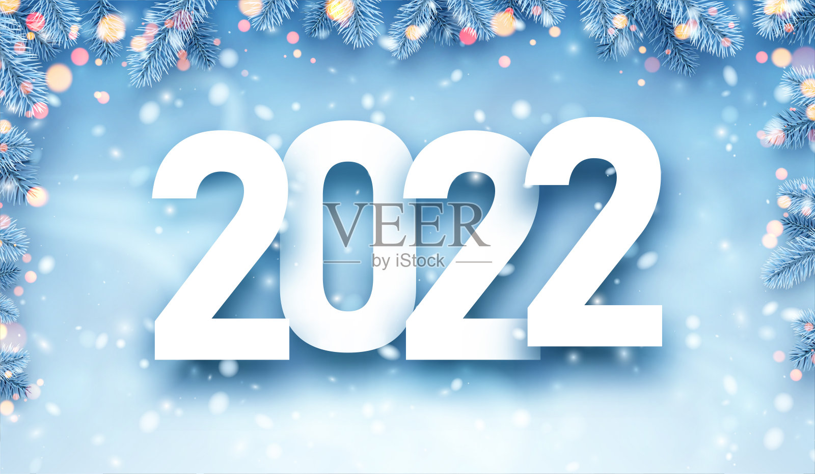 2022年圣诞节蓝色云杉树枝与散景灯。插画图片素材