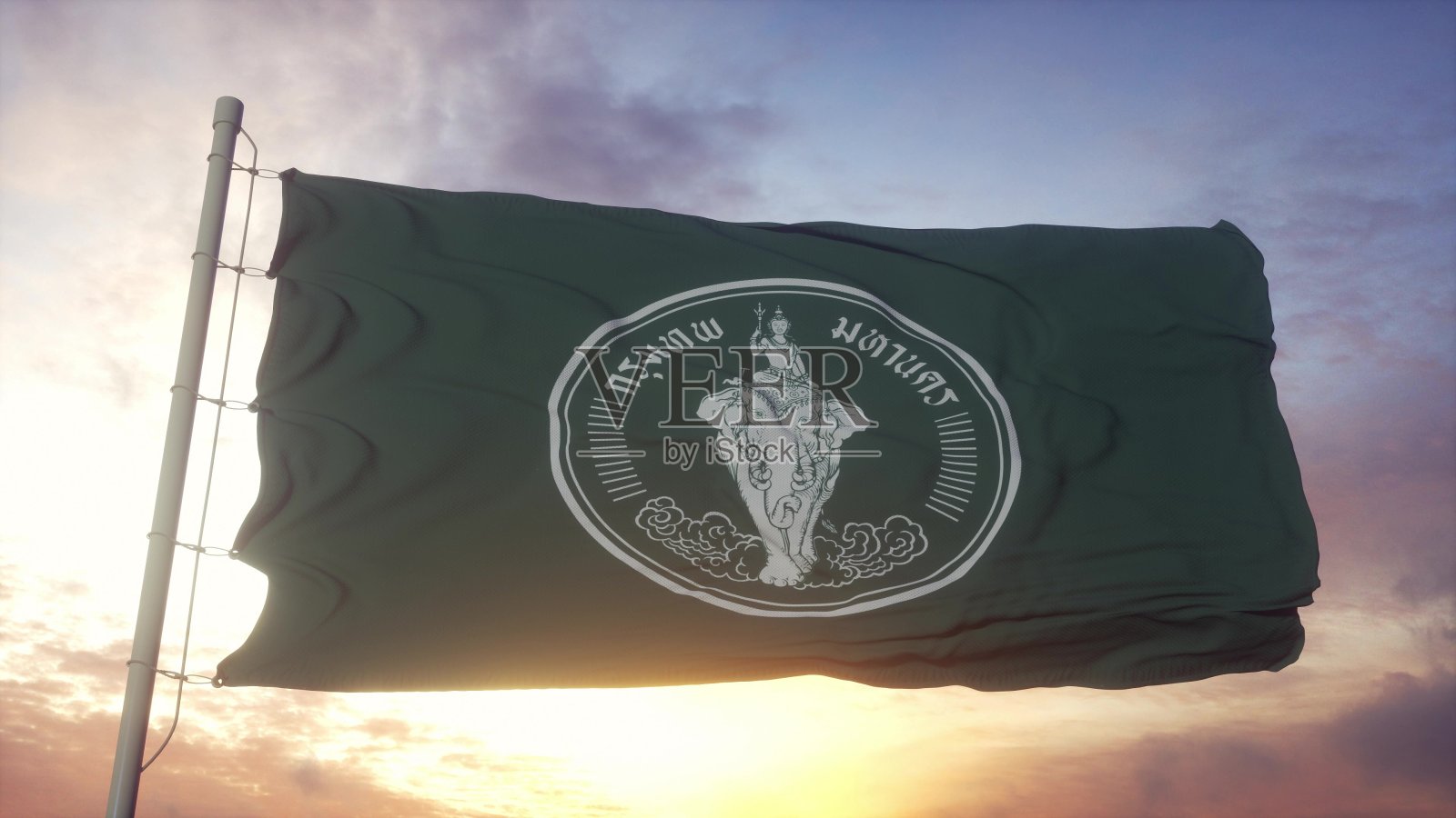 泰国首都曼谷的国旗在风中飘扬，天空和阳光的背景。三维渲染照片摄影图片