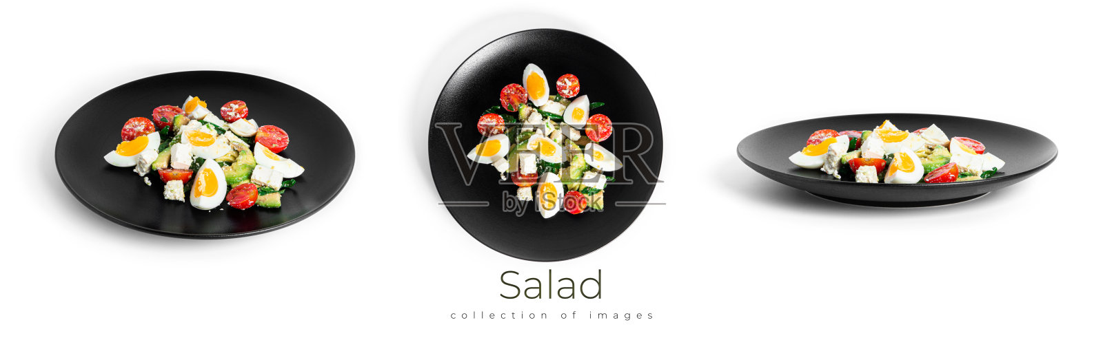 芝麻菜，牛油果，圣女果和鸡蛋在白色背景上分离的沙拉。绿色的礼拜。素食沙拉照片摄影图片